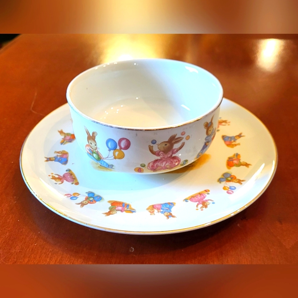 Vintage 2 Pc Mount Clemens Pottery Child's Li'l Bunny Plate & Bowl Birthday